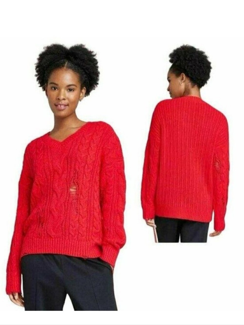 Wild Fable Red V-neck Cable Knit Distressed Sweater Womens Size XL New With Tags
